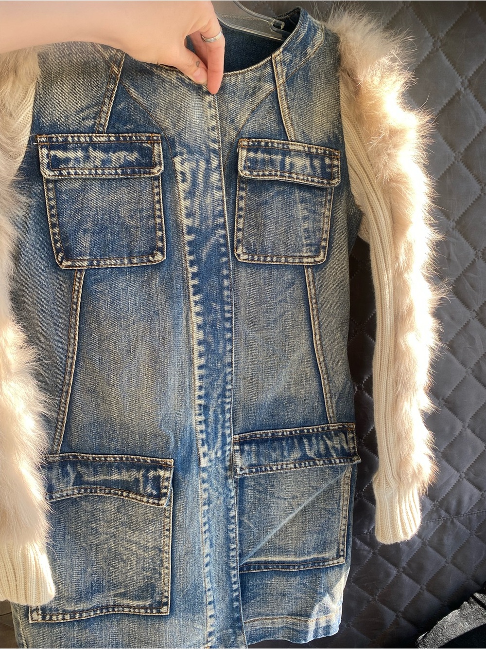 Denim hybrid Jacket with Cream real Fur Trim